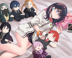  2girls 5boys bangs bed_sheet black_hair black_legwear black_pants black_skirt black_suit blonde_hair blue_eyes blue_hair borr bow bowtie breasts cardigan cellphone collared_shirt commentary_request doll earphones formal grey_shirt hibiki_yuuta holding holding_doll jacket long_hair long_sleeves looking_at_viewer lying mask max_(ssss.gridman) medium_breasts miniskirt multiple_boys multiple_girls necktie on_side open_clothes open_jacket orange_scrunchie pants pantyhose phone pillow pink_bow pink_hair pink_neckwear pleated_skirt purple_jacket red_bow red_eyes red_hair red_neckwear samurai_calibur school_uniform scrunchie shinjou_akane shirt short_hair short_sleeves signature silver_hair skirt smartphone ssss.gridman suit sweater takarada_rikka thighs twintails vdrn1dd2gxldt3g vit waistcoat white_cardigan white_shirt white_sweater wing_collar wrist_scrunchie yellow_shirt 