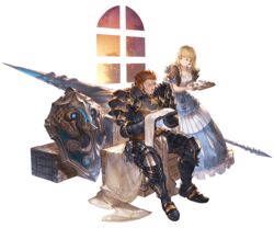  1boy armor armored_boots blonde_hair boots brown_hair closed_eyes collarbone cup deliford dress female frills gauntlets granblue_fantasy holding huge_weapon juliet_sleeves lance long_dress long_sleeves minaba_hideo official_art polearm puffy_sleeves ribbon shield short_hair short_sleeves shoulder_armor sitting smile teacup transparent_background tray weapon window 