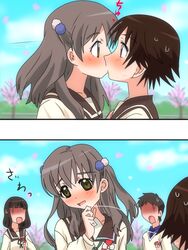  1boy 3girls black_hair blush brown_eyes brown_hair commentary_request embarrassed graduation hair_ornament highres karuta_(karuta01) kissing looking_away mitani_kanae multiple_girls saliva saliva_trail sawatari_fuu school_uniform serafuku short_hair smile surprised tamayura translated yellow_eyes yuri 