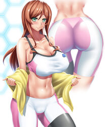  bare_shoulders bike_shorts blush breasts brown_hair cleavage closed_mouth collarbone commentary_request cosplay cowboy_shot female green_eyes gundam gundam_build_fighters gundam_build_fighters_try highres hoshino_fumina hoshino_fumina_(cosplay) huge_breasts jacket kamiki_mirai long_hair looking_at_viewer midriff multiple_views navel open_clothes open_jacket smile sports_bra stomach tama_(tamakaka1031) trefoil two-tone_sports_bra 