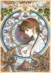  absurdres aircraft airship animal art_nouveau bad_id bad_pixiv_id bird braid brown_hair closed_eyes commentary_request copyright_name dove female from_side hairband hand_on_own_chest highres instrument jewelry laputa_robot leaf long_hair marker_(medium) necklace pendant robot sheeta studio_ghibli takumi_(marlboro) tenkuu_no_shiro_laputa tiger_moth_(laputa) traditional_media trumpet twin_braids 