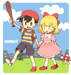  1boy ako_(ako0905) backpack bag baseball_bat black_eyes black_hair blonde_hair blue_eyes commentary_request female hat holding_hands mobile_sprout mother_(game) mother_2 mushroom ness_(mother_2) paula_(mother_2) ramblin&#039;_evil_mushroom ribbon smile 