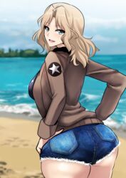  beach blonde_hair blue_eyes blue_shorts blurry blurry_background brown_jacket cloud cloudy_sky cowboy_shot cutoffs day denim denim_shorts depth_of_field emblem female from_behind girls_und_panzer hair_intakes hands_on_own_hips hifumi_hajime highres jacket kay_(girls_und_panzer) long_hair long_sleeves looking_at_viewer looking_back military military_uniform ocean open_mouth outdoors saunders_military_uniform short_shorts shorts sky smile solo standing star_(symbol) uniform 