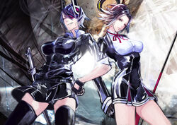  2girls bad_id bad_pixiv_id black_legwear breasts eyepatch glaive_(polearm) gloves gyuukon halo headgear kantai_collection large_breasts mechanical_halo multiple_girls photoshop_(medium) polearm purple_eyes purple_hair school_uniform short_hair smile sword tatsuta_(kancolle) tenryuu_(kancolle) thighhighs weapon 