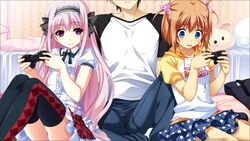  1boy 2girls blue_eyes brown_hair game_cg miyamori_korone multiple_girls narumi_suzune purple_eyes shijo_yuki skirt tojita_sekai_no_tori_colony 