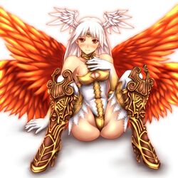  ass bare_shoulders blush boots breasts choker cleavage cleavage_cutout clothing_cutout commentary_request elbow_gloves female final_fantasy final_fantasy_tactics final_fantasy_xii fusion gloves head_wings high_heels highres hozenkakari knee_boots leotard long_hair medium_breasts multiple_wings red_eyes red_wings sitting smile solo spread_legs thighhighs tiara ultima_(fft) ultima_(ffta) white_hair wings 