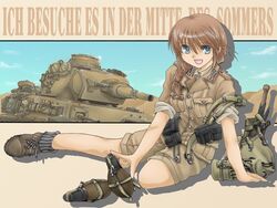  afrika_korps ankle_boots blue_eyes boots braid brown_hair canteen commentary_request desert epaulettes female german_text long_hair looking_at_viewer may_(darkcore) military military_uniform military_vehicle motor_vehicle original panzer_iii pouch shorts shovel single_braid sitting sky smile soldier solo tank translated uniform war world_war_ii 