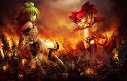  2girls armpits arms_behind_head arms_up bare_shoulders battle blue_eyes choker city commentary_request dark demon_girl demon_tail destruction disgaea earrings etna_(disgaea) fire flat_chest giant giantess green_hair grin jewelry marona_(phantom_brave) midriff multiple_girls navel oerba_yun_fang phantom_brave photoshop_(medium) red_eyes red_hair short_hair shorts smile smoke tail thighhighs twintails wings yilx 