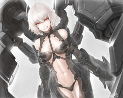  armor bikini bodysuit breasts gloves mechagirl misawa_kei navel original red_eyes short_hair signed swimsuit white_hair 