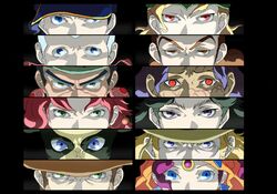  6+boys column_lineup commentary_request devo dio_brando female ginutaro hat hol_horse iggy_(jojo) jean_pierre_polnareff jojo_no_kimyou_na_bouken joseph_joestar joseph_joestar_(old) kakyoin_noriaki kujo_jotaro midler mohammed_avdol multiple_boys parody persona persona_3 persona_eyes rubber_soul stardust_crusaders steely_dan 