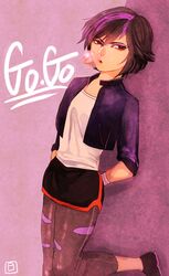  against_wall bad_id bad_pixiv_id big_hero_6 black_hair blowing_bubbles brown_eyes capri_pants chewing_gum cropped_jacket eyeshadow female gogo_tomago highres makeup miniskirt multicolored_hair pants purple_hair senda_nichi shoes short_hair skirt sneakers solo two-tone_hair 