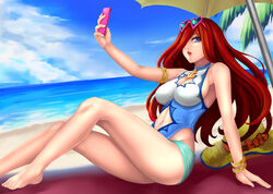  arm_support armlet armpits bare_legs bare_shoulders barefoot beach beach_umbrella blue_eyes blue_sky bracelet breasts cellphone cleavage cleavage_cutout clothing_cutout cloud commentary_request day eyewear_on_head female from_side hair_over_one_eye hat highres horizon jewelry large_breasts league_of_legends long_hair looking_at_viewer looking_to_the_side midriff miss_fortune_(league_of_legends) navel navel_cutout one-piece_swimsuit outdoors parted_lips phone photoshop_(medium) pool_party_(league_of_legends) pool_party_miss_fortune red_hair sitting sky smartphone solo stomach sun_hat swimsuit thighs umbrella yashichii 