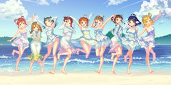  6+girls :d ahoge alternate_hairstyle aqua_eyes arm_up armpits arms_up barefoot beach black_hair blonde_hair blue_hair blue_ribbon braid brown_eyes brown_hair cloud commentary_request crown_braid day double_bun dress elbow_gloves flower gloves grey_hair grin hair_bun hair_flower hair_ornament hair_ribbon hair_rings hair_up hands_up high_five highres jacket jumping kunikida_hanamaru kurosawa_dia kurosawa_ruby looking_at_viewer love_live! love_live!_sunshine!! matsuura_kanan multiple_girls ocean ohara_mari one_eye_closed open_mouth outdoors outstretched_arms photoshop_(medium) pink_dress pink_flower ponytail purple_eyes purple_ribbon red_eyes red_hair ribbon rose sakurauchi_riko single_hair_bun single_side_bun smile spread_arms standing standing_on_one_leg strapless strapless_dress sundress takami_chika thank_you_friends!! tiara tomiwo tsushima_yoshiko twin_braids twintails w_over_eye watanabe_you white_dress white_flower white_gloves white_jacket white_ribbon white_rose yellow_eyes yellow_ribbon 