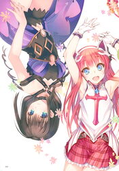  2girls absurdres alisia_heart aqua_eyes aquaplus armpits arms_up bare_arms bare_shoulders blue_eyes breasts choker dress dungeon_travelers_2 flower frills gloves hair_ornament highres kawata_hisashi long_hair looking_at_viewer lying medium_breasts melvy_de_florencia mitsumi_misato multiple_girls official_art on_back open_mouth red_hair scan short_dress sidelocks simple_background skirt sleeveless smile white_background white_gloves 