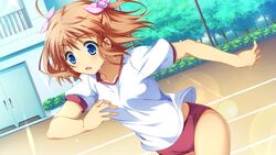  blue_eyes brown_hair female game_cg gym_uniform narumi_suzune running shijo_yuki tojita_sekai_no_tori_colony 