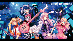  4girls animal_ears bad_id bad_pixiv_id bell blonde_hair blue_eyes blue_hair blush bow cat_ears cat_girl cat_tail chuchu_(show_by_rock!!) collar copyright_name curly_hair cyan_(show_by_rock!!) frilled_skirt frills guitar hair_ornament happy heart_guitar horns instrument letterboxed long_hair moa_(show_by_rock!!) multiple_girls neck_bell open_mouth pink_bow pink_eyes pink_hair rabbit_ears retoree_(show_by_rock!!) sazanami_shione sheep_ears sheep_horns show_by_rock!! skirt smile strawberry_heart_(show_by_rock!!) tail thighhighs 