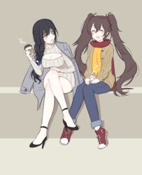  2girls :d ^_^ alternate_costume alternate_hairstyle baozi bare_legs black_footwear blue_ribbon blunt_bangs blush braid breasts brown_background brown_eyes casual cleavage cleavage_cutout closed_eyes clothing_cutout commentary cup denim disposable_cup food full_body girls&#039;_frontline grey_jacket grey_sweater hair_ribbon hand_on_own_knee high_heels highres holding holding_cup ia_(ias1010) jacket jacket_on_shoulders jeans large_breasts leaning_forward long_hair long_sleeves looking_to_the_side meme_attire multiple_girls open-chest_sweater open_mouth pants red_footwear red_scarf ribbed_jacket ribbon scarf shirt shoes simple_background single_braid sitting smile sneakers steam sweater tsurime turtleneck turtleneck_sweater twintails type_95_(girls&#039;_frontline) type_97_(girls&#039;_frontline) unbuttoned very_long_hair yellow_shirt 