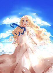  blonde_hair blue_eyes blue_ribbon cloud commentary_request day dress female highres long_hair marnie_(omoide_no_marnie) omoide_no_marnie open_mouth ribbon solo white_dress yumiee_mahiro 