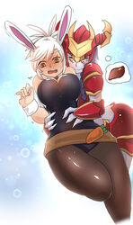  2girls absurdres animal_ears armor bad_id bad_pixiv_id battle_bunny_riven blue_hair breasts brown_eyes colored_skin commentary_request helmet highres hug large_breasts league_of_legends long_hair moonjunk multiple_girls nervous pantyhose photoshop_(medium) playboy_bunny ponytail purple_skin rabbit_ears riven_(league_of_legends) short_hair shyvana smile sweat tears thought_bubble waist_hold waist_hug white_hair wrist_cuffs yellow_eyes yuri 