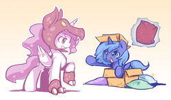  2013 alicorn better_version_at_source box container duo ende equid equine female feral friendship_is_magic glowing hair hasbro horn horse long_hair magic mammal my_little_pony mythological_creature mythological_equine mythology open_mouth pillow pony princess_celestia_(mlp) princess_luna_(mlp) smile wings young 