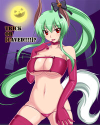  bandeau bare_shoulders bow breasts brown_horns cameltoe caved_(touhou) cleavage cleavage_cutout clothing_cutout collar commentary_request demon_girl demon_horns elbow_gloves ex-keine female finger_to_mouth full_moon gloves green_hair groin halloween high_ponytail horn_bow horn_ornament horns index_finger_raised jack-o&#039;-lantern john_(nakoto) kamishirasawa_keine large_breasts long_hair lowleg lowleg_panties moon moonlight navel panties pink_collar pink_gloves pink_panties pink_thighhighs purple_background red_eyes shiny_skin sidelocks skindentation solo strap strapless tail tail_raised thighhighs tongue touhou unconventional_jack-o&#039;-lantern underboob underwear 