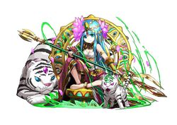  adachi_yousuke animal anklet bad_link barefoot blue_eyes blue_hair breasts cauchemar_(p&amp;d) cleavage cross-eyed downscaled facial_mark female flower forehead_mark full_body hair_flower hair_ornament indian_style jewelry large_breasts long_hair lotus lotus_pedestal md5_mismatch official_art parvati_(p&amp;d) polearm puzzle_&amp;_dragons resized resolution_mismatch sitting solo source_larger tiger weapon white_tiger 