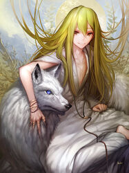  1boy androgynous bad_id bad_pixiv_id blue_eyes danhu enkidu_(fate) fate/strange_fake fate_(series) green_eyes green_hair highres long_hair photoshop_(medium) wolf wolf_(fate) 