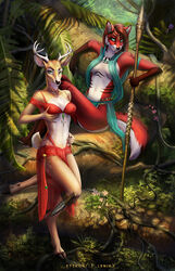  2018 anthro antlers barefoot black_nose blue_eyes breasts canid canine censored clothed clothing cloven_hooves convenient_censorship deer detailed_background dewclaw_hooves digital_media_(artwork) digitigrade duo etskuni feet female forest fox fur green_eyes hair hand_on_breast hi_res holding_breast hooves horn jewelry jungle lenika lingerie looking_at_viewer mammal midriff navel plant red_body red_fur red_hair roxana_(ayx) sitting skimpy standing tail tree underhoof unguligrade 