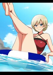  afloat arm_support ass blonde_hair blue_eyes braid breasts cleavage closed_mouth cloud cloudy_sky collarbone commentary_request criss-cross_halter darjeeling_(girls_und_panzer) day dutch_angle female girls_und_panzer halterneck hifumi_hajime highres innertube large_breasts legs legs_together legs_up letterboxed looking_at_viewer one-piece_swimsuit outdoors partially_submerged red_one-piece_swimsuit short_hair sitting sky smile solo sweatdrop swim_ring swimsuit thighs tied_hair twin_braids water 