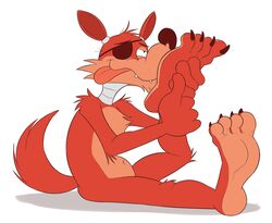  2017 4_toes animatronic anthro anti_dev auto_foot_sniff big_feet biped canid canine claws eye_patch eyewear feet five_nights_at_freddy&#039;s foot_fetish foot_lick foot_play foot_sniffing fox foxy_(fnaf) humanoid_feet licking machine male mammal navel nude plantigrade robot scottgames self_lick sharp_teeth simple_background sitting smell sniffing sniffing_self soles solo teeth toe_claws toes tongue tongue_out white_background 