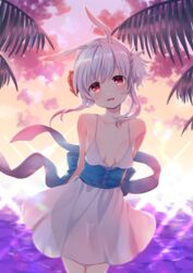  :d animal_ears arms_behind_back beach breasts cleavage cloud commentary_request djmax djmax_portable djmax_technika dress female flower hair_flower hair_ornament looking_at_viewer okanoyuno open_mouth outdoors palm_tree rabbit_ears red_eyes sidelocks small_breasts smile solo standing suee sunset tree water white_dress white_hair 