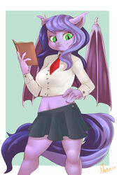  2:3 atane27 bat_pony book bottomwear breasts clothed clothing digital_media_(artwork) equid fan_character female fully_clothed green_eyes hasbro hi_res mammal my_little_pony portrait pose school_uniform shaded simple_background skirt smile solo standing uniform wings 