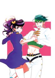  1boy bad_id bad_pixiv_id blue_hair dancing diamond_wa_kudakenai earrings female genderswap_(mtf) green_eyes headband higashikata_josuke jewelry jojo_no_kimyou_na_bouken kishibe_rohan matcha_cream_v midriff pompadour ponytail purple_eyes purple_hair rule_63 skirt 