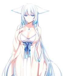  animal_ears blue_eyes breasts cleavage collarbone commentary_request female fox_ears fox_tail gem gradient_hair hand_on_own_chest hikimayu konshin large_breasts long_hair looking_at_viewer multicolored_hair obi orie_mishiro pixiv_fantasia sash simple_background snowflakes solo tail very_long_hair white_background white_hair 