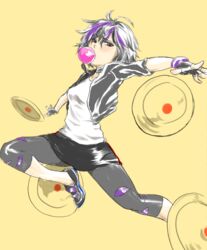  big_hero_6 black_hair blowing_bubbles brown_eyes capri_pants chewing_gum commentary_request cropped_jacket disc female fingerless_gloves gloves gogo_tomago jumping multicolored_hair outstretched_hand pants purple_hair shoes short_hair skirt sneakers solo two-tone_hair weapon yellow_background zero_(meme_zero) 