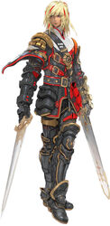  1boy armor armored_boots bishounen black_armor blonde_hair boots buckle crossed_legs expressionless full_body gauntlets gloves greaves highres holding holding_sword holding_weapon looking_to_the_side male_focus multicolored_hair official_art red_hair scabbard sheath solo standing star_ocean star_ocean_integrity_and_faithlessness streaked_hair surcoat sword tachi-e thigh_boots thighhighs victor_oakville weapon yasuda_akira 