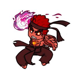  1boy angry barefoot black_sclera capcom chibi dark_skin dougi evil evil_ryuu eyebrows fingerless_gloves flame foreshortening gammanaut gloves headband hole_in_chest huge_eyebrows karate_gi male male_focus red_eyes red_hair solo street_fighter street_fighter_iv super_street_fighter_iv teeth thick_eyebrows white_background 