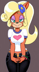  accessory activision anthro bandicoot big-e6 black_nose blonde_hair bottomwear bracelet clothing coco_bandicoot crash_(series) female flower green_eyes grey_background hair hair_accessory hi_res jewelry looking_at_viewer mammal marsupial midriff nipple_outline panties pants plant shirt simple_background smile solo topwear underwear 