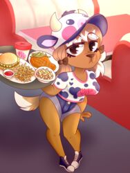  3:4 anthro bean bean_(legume) beef beverage bottomwear burger canid canine canis clothed clothing diner domestic_dog female food fries frown fruit furniture hair hi_res kipp legume looking_at_viewer mammal meat plant restaurant shorts simple_background solo standing steak sunnyhoneybone table thigh_gap waiter 