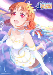  :d ahoge alternate_hairstyle bad_id bad_pixiv_id blush braid breasts choker cleavage cloud collarbone commentary_request dress earrings elbow_gloves feathered_wings feathers female flower flower_earrings flying gloves hair_flower hair_ornament hair_ribbon high_heels jewelry kitahara_tomoe_(kitahara_koubou) logo love_live! love_live!_sunshine!! open_mouth orange_hair red_eyes ribbon side_braid sidelocks sky smile solo takami_chika thank_you_friends!! twintails twitter_username white_choker white_dress white_footwear white_gloves white_ribbon wings yellow_flower 