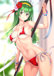  bikini blurry blurry_background bracelet breasts brown_eyes carrie_(sennen_sensou_aigis) coffee_cat commentary_request cowboy_shot female flower green_hair hair_between_eyes hair_flower hair_ornament hairband holding jewelry large_breasts legs_apart long_hair looking_at_viewer open_mouth red_bikini sennen_sensou_aigis side-tie_bikini_bottom solo standing swimsuit 