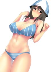  bikini blue_bikini blue_hat blush bow bow_bikini breasts brown_eyes brown_hair cleavage closed_mouth commentary_request dutch_angle female girls_und_panzer hat hifumi_hajime highres large_breasts long_hair mika_(girls_und_panzer) navel simple_background skindentation smile solo striped_bikini striped_clothes swimsuit thigh_gap tulip_hat vertical-striped_bikini vertical-striped_clothes w_arms white_background 