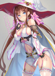  :o ass_visible_through_thighs awakening_(sennen_sensou_aigis) belinda_(sennen_sensou_aigis) blue_eyes blush bow breasts bridal_garter brown_hair cleavage clothing_cutout coffee_cat commentary_request cowboy_shot detached_sleeves earrings eyebrows_hidden_by_hair female fingerless_gloves fur_trim garter_straps gloves grey_background hairbow hand_on_own_thigh hand_up hat index_finger_raised jewelry large_breasts leaning_forward legs_apart long_hair looking_at_viewer navel navel_cutout partially_visible_vulva sennen_sensou_aigis solo sparkle very_long_hair wide_sleeves witch_hat 