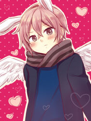  1boy amane_kurumi angel_wings animal_ears bad_id bad_pixiv_id blush grey_eyes heart jacket male_focus mikado_nagi pink_hair rabbit_boy rabbit_ears scarf solo uta_no_prince-sama uta_no_prince-sama_maji_love_2000_percent wings 