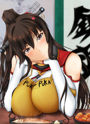  apron blush bol_(liliymimi) breast_rest breasts breasts_squeezed_together brown_eyes brown_hair commentary_request detached_sleeves female fish flower food hair_flower hair_ornament hair_stick head_rest head_tilt headgear huge_breasts kantai_collection large_breasts long_hair long_sleeves looking_at_viewer pointy_hair ponytail puka_puka smile solo steam table yamato_(kancolle) 