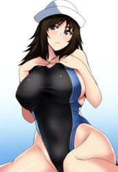  black_eyes black_hair black_one-piece_swimsuit blue_background breasts closed_mouth commentary_request competition_swimsuit female frown girls_und_panzer gradient_background hands_on_own_chest head_tilt hifumi_hajime highleg highleg_swimsuit highres large_breasts long_hair looking_at_viewer murakami_(girls_und_panzer) one-piece_swimsuit sitting solo swimsuit wariza 