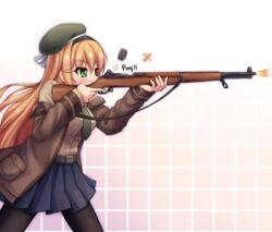  belt beret black_pantyhose blonde_hair blue_skirt breasts commentary_request en_bloc_clip female firing girls&#039;_frontline green_eyes green_jacket grey_shirt gun hair_ribbon hairband hat holding holding_gun holding_weapon jacket long_hair m1_garand m1_garand_(girls&#039;_frontline) necktie pantyhose pleated_skirt pouch ribbon rifle shell_casing shirt shokuane skirt solo sound_effects weapon 