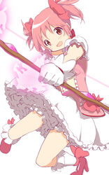  blush bow bow_(weapon) commentary_request female gloves hairbow highres kaname_madoka kaname_madoka_(magical_girl) magical_girl mahou_shoujo_madoka_magica mahou_shoujo_madoka_magica_(anime) pachi_(sugiyama0306) petticoat pink_eyes pink_hair short_hair simple_background solo twintails weapon white_background white_gloves 