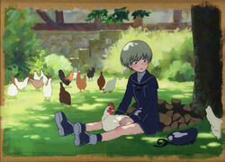  animal bird blue_eyes blush chicken clothes_writing colored_eyelashes commentary_request dress female grass grey_hair hat kantai_collection looking_to_the_side male_chicken military military_uniform moss neckerchief open_mouth outdoors painting_(medium) sailor_collar sailor_dress sailor_hat shijukara_(great_tit) short_hair sitting solo stone_wall tareme traditional_media tree under_tree uniform unworn_hat unworn_headwear wall watercolor_(medium) z1_leberecht_maass_(kancolle) 