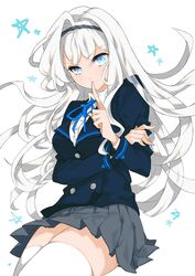  blue_eyes commentary_request female finger_to_mouth gj hairband long_hair looking_at_viewer original pleated_skirt school_uniform skirt smile solo star_(symbol) thighhighs white_hair white_thighhighs zettai_ryouiki 